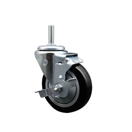 Service Caster 4 Inch Black Polyurethane Wheel Swivel 34 Inch Threaded Stem Caster with Brake SCC SCC-TS20S414-PPUB-BLK-TLB-34212